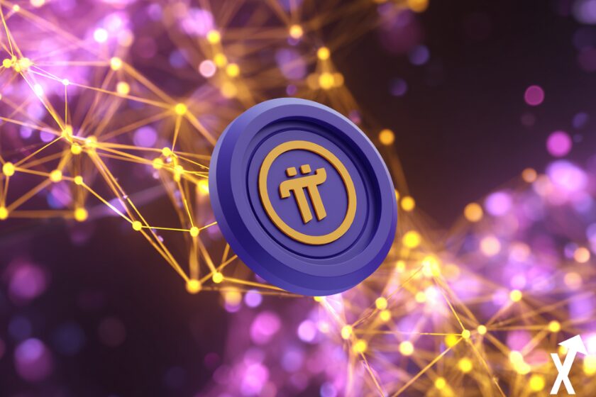 Criptomoneda pi en blockchain colorido.