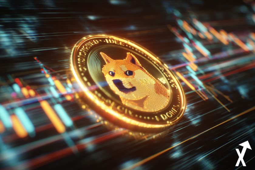 Dogecoin neón en gráficos de tendencia.