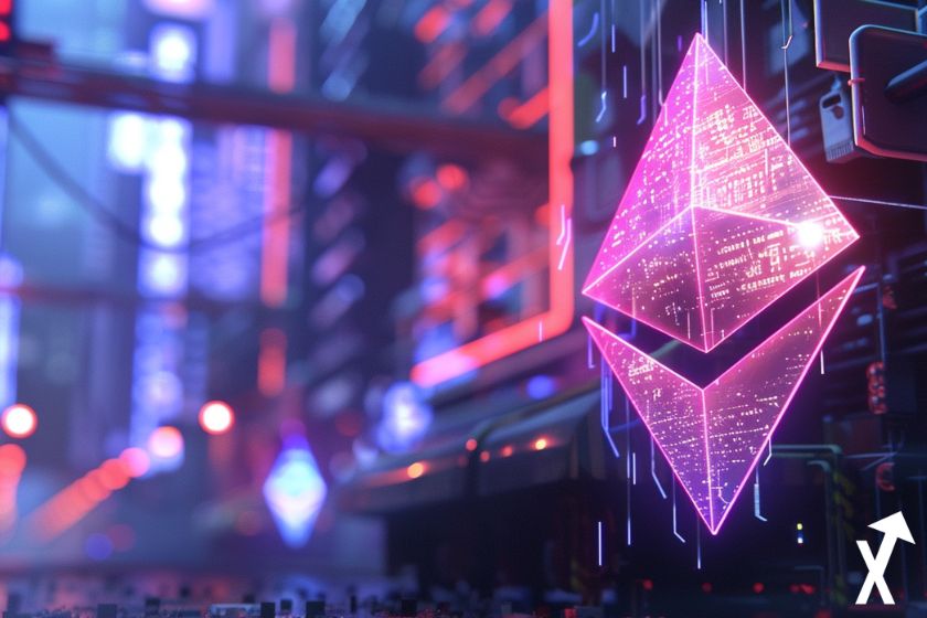 Ether coin rising in futuristic city.