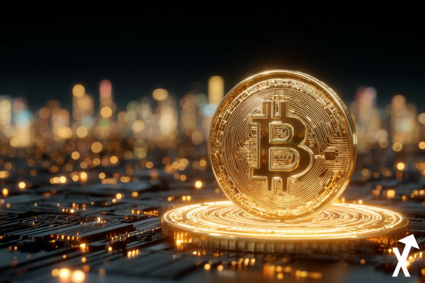 "Bitcoin dorado sobre fondo negro"