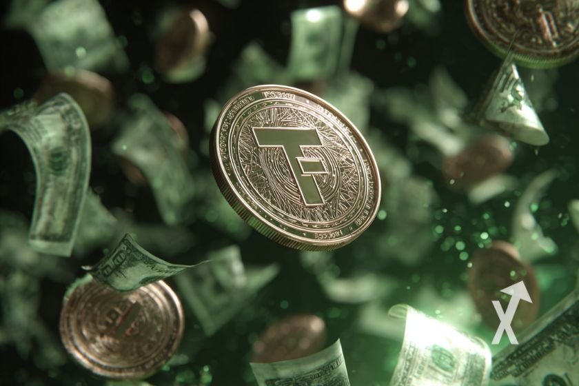 Moneda Tether USDT con billetes dólares.