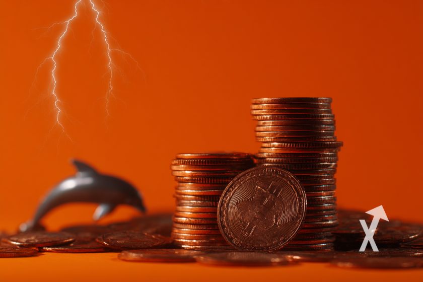 Fondo naranja con ballena y criptomonedas.