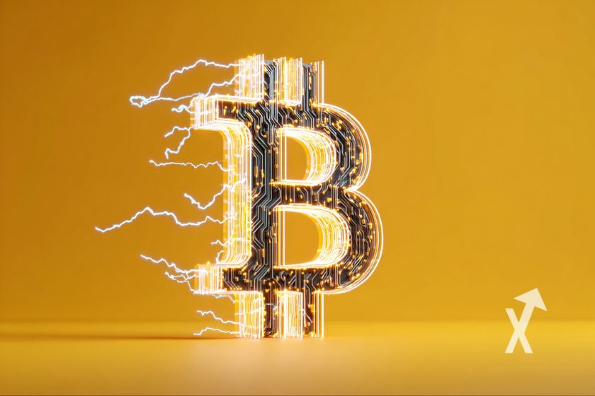 Bitcoin en símbolo eléctrico sobre amarillo.