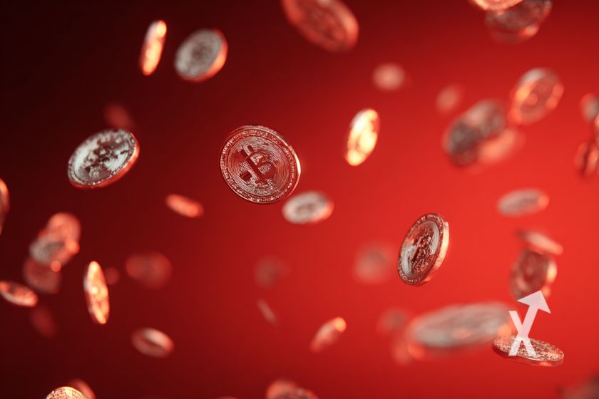 "Bitcoin cayendo del cielo sobre fondo rojo"