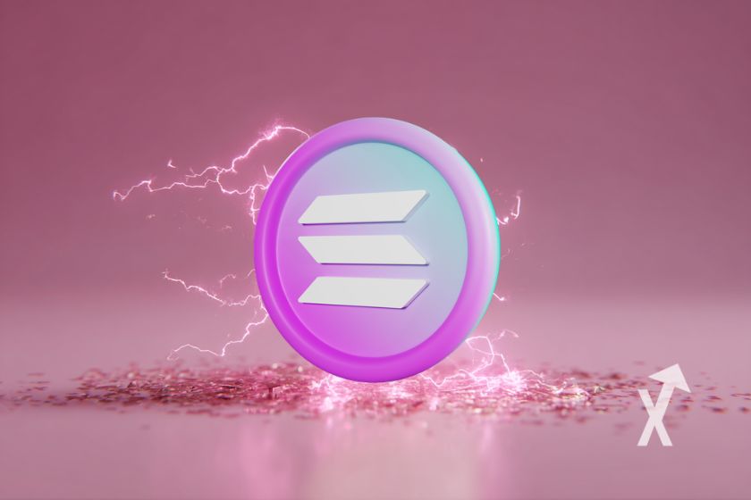 Criptomoneda Solana rosada con relámpagos.