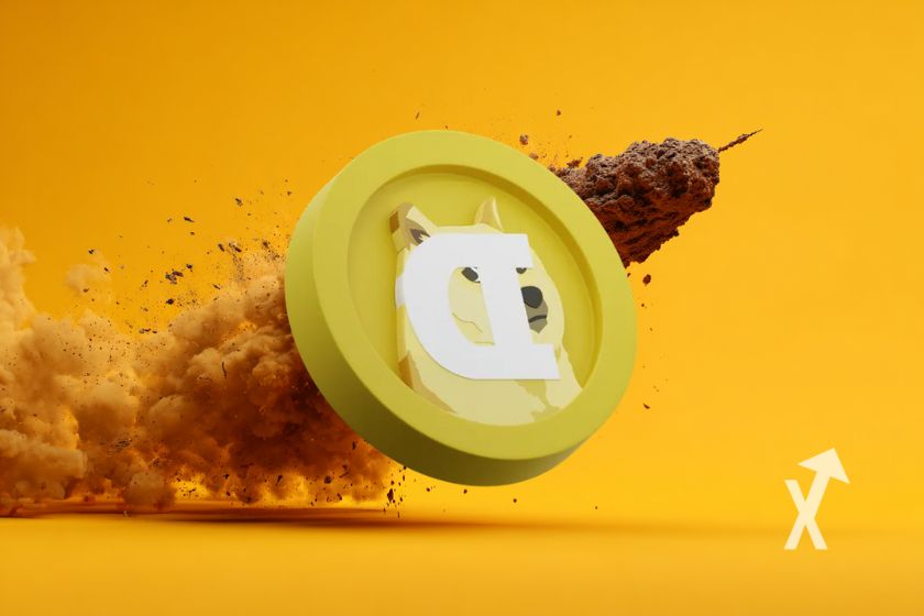 Perro con cohete en fondo amarillo.