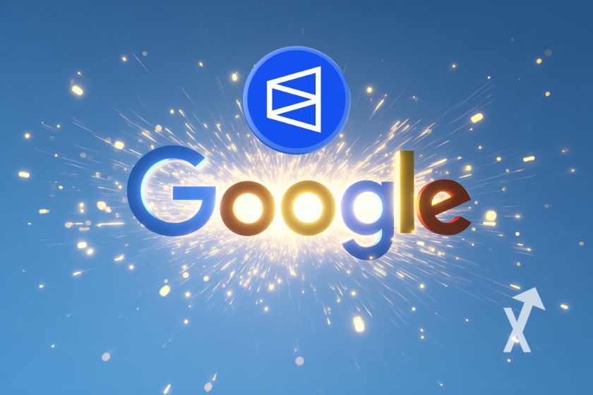 Logotipo Google con chispas sobre azul.