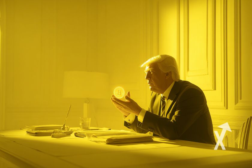 Donald Trump con Bitcoin en oro.