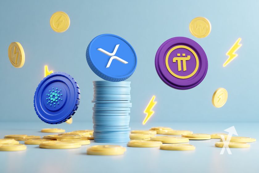 Monedas ADA, XRP y PI brillantes.