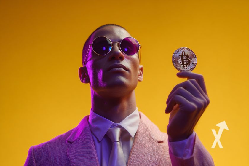Hombre con Bitcoin en traje rosa.