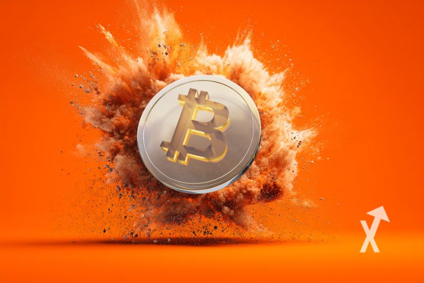 Criptomoneda Bitcoin en explosión naranja.