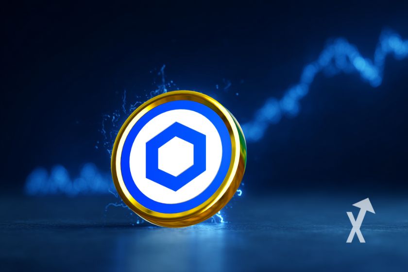Moneda LINK Chainlink sobre fondo azul.