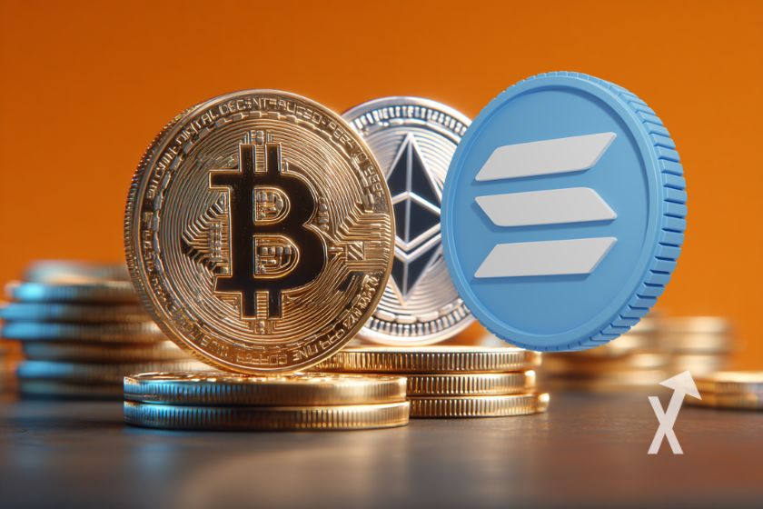 Cripto-monedas Ethereum Bitcoin Solana sobre tokens.