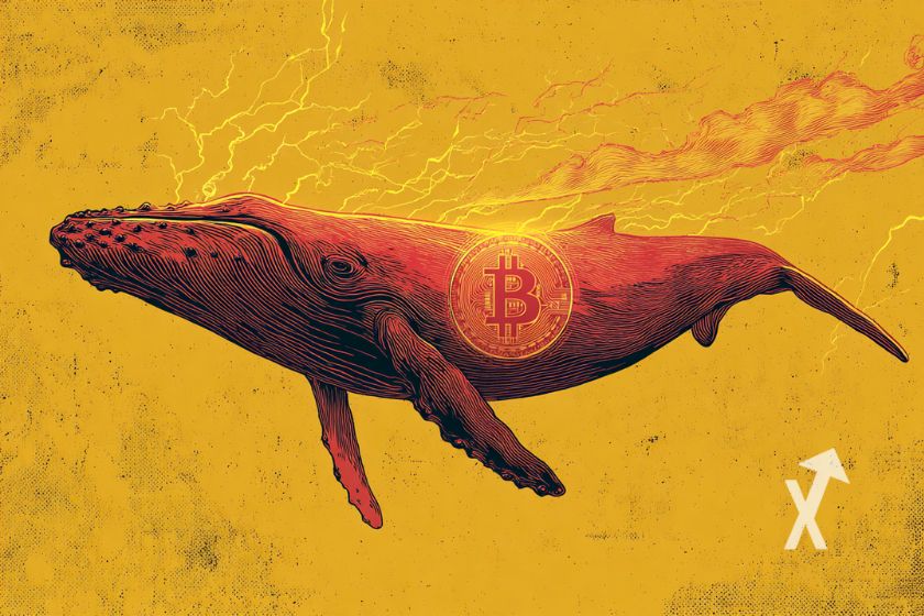 Ballena con logo Bitcoin en océano.