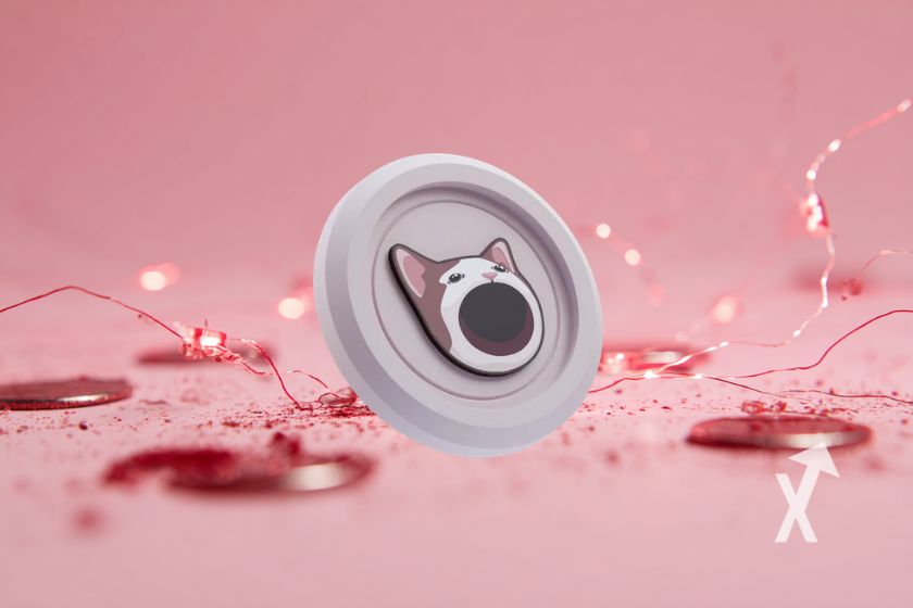 Moneda POPCAT rodeada de hilos rojos.