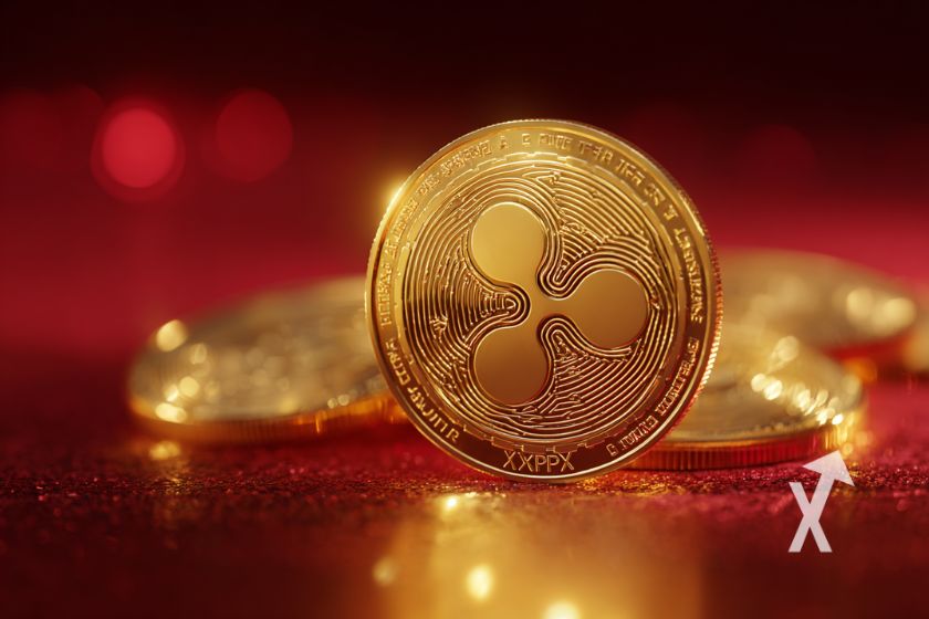 "Fondo rojo con moneda XRP"