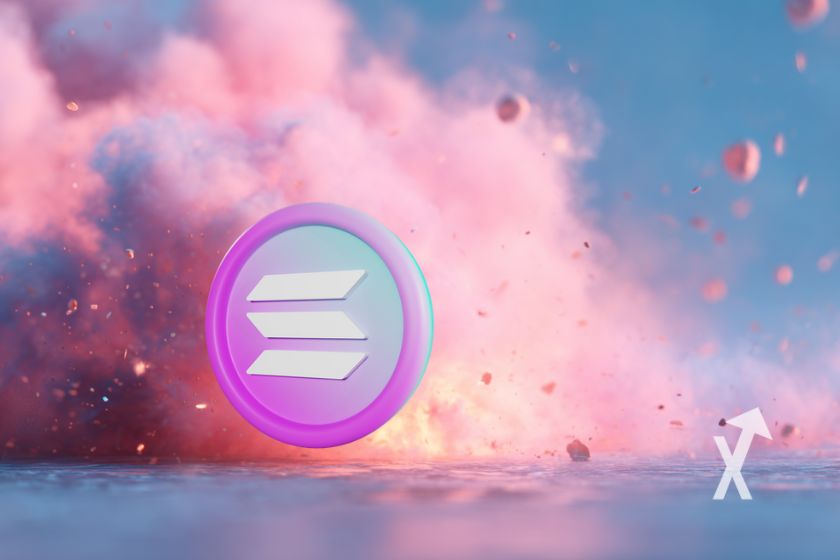 Moneda Solana en rosa con humo.