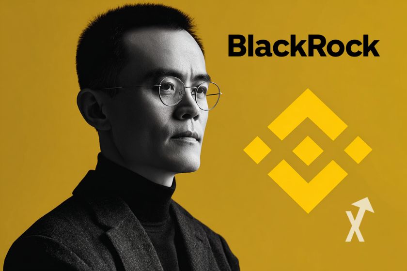Logo CZ en amarillo, Binance y BlackRock.