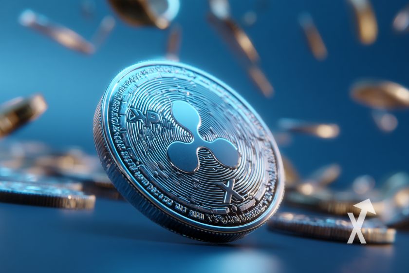 "Moneda XRP azul con dólares voladores"