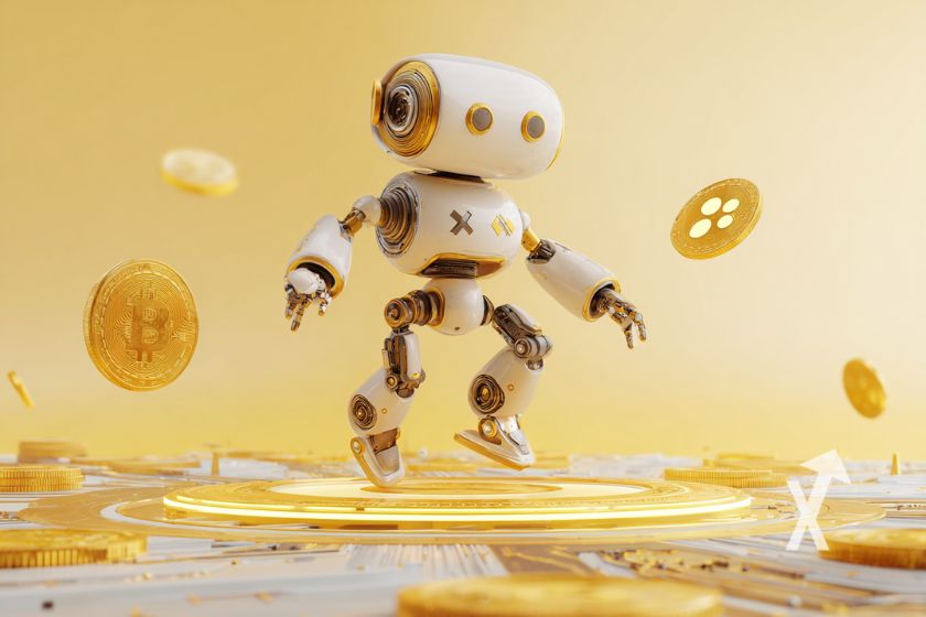 Robot blanco con Bitcoin y XRP.