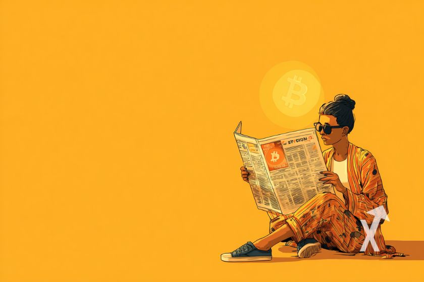 Mujer leyendo diario con Bitcoin. Fondo amarillo.