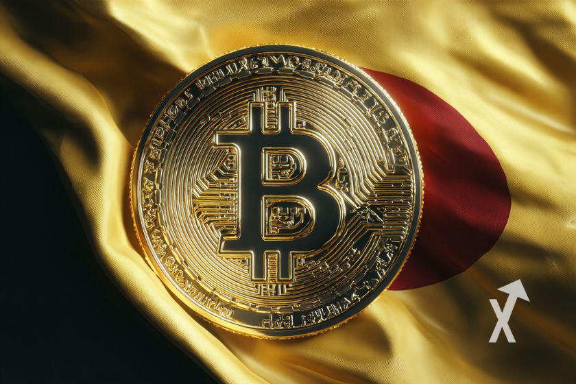 Esquina de Bitcoin en bandera japonesa.