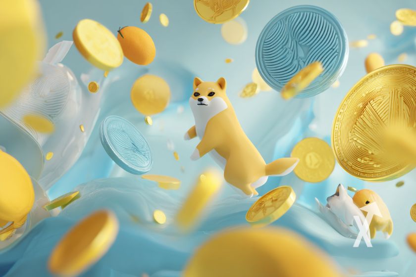 Moneda y perro Shiba Inu volando.