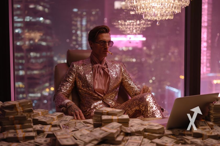 Hombre en traje con dinero en oficina overlooking ciudad rosa.