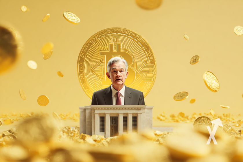 Jerome Powell en conferencia con bitcoin.