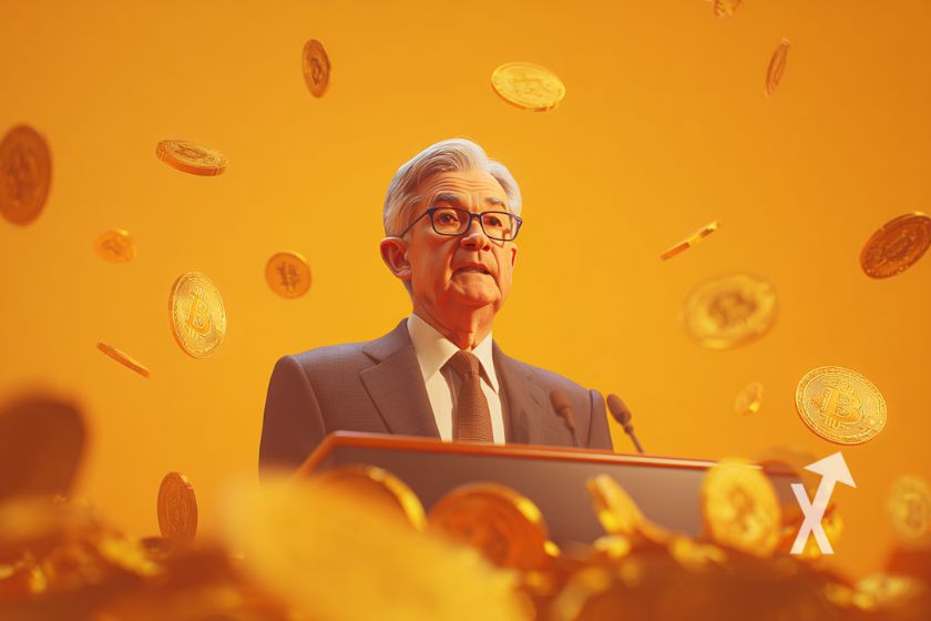 Jerome Powell habla con bitcoins volando.