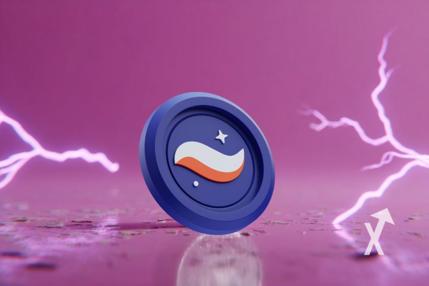 Moneda Starknet STRK en fondo rosa.