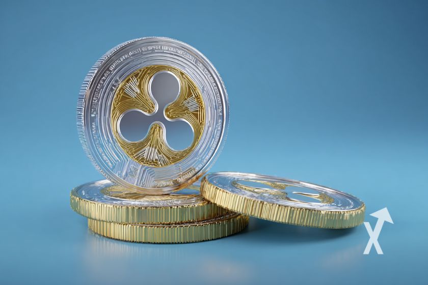 Moneda XRP y tres fichas apiladas.