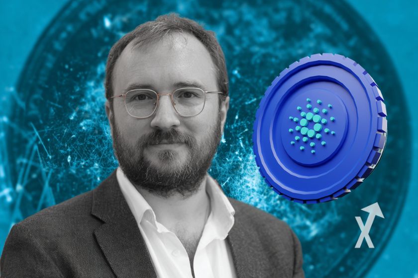 Charles Hoskinson y token Cardano azul.
