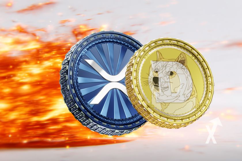 Monedas XRP y Dogecoin con explosión.