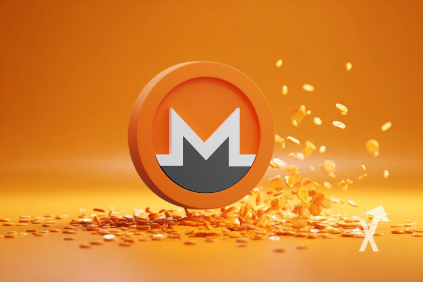 Monero XMR coin con tokens volando.