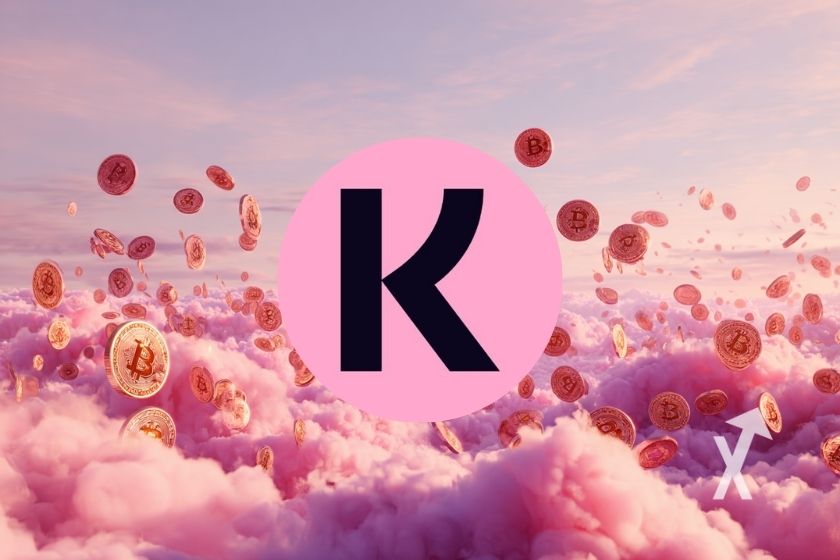 Logo Klarna sobre cielo rosa con bitcoins volando.