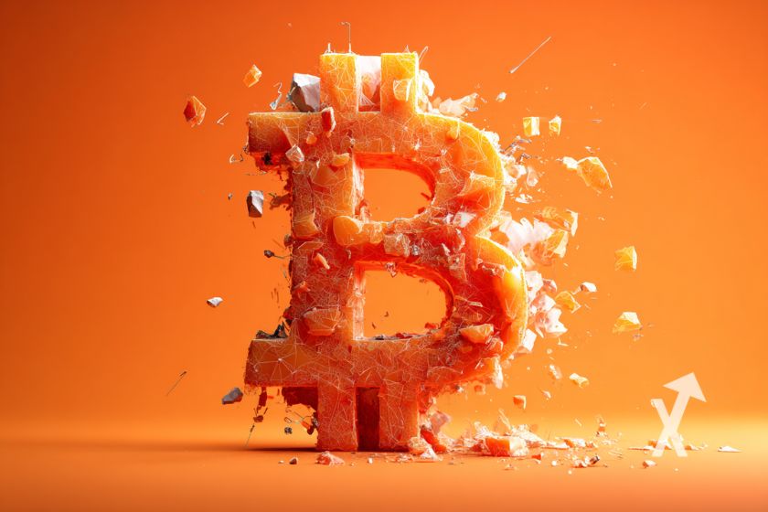Logo de Bitcoin explotando, fondo naranja.
