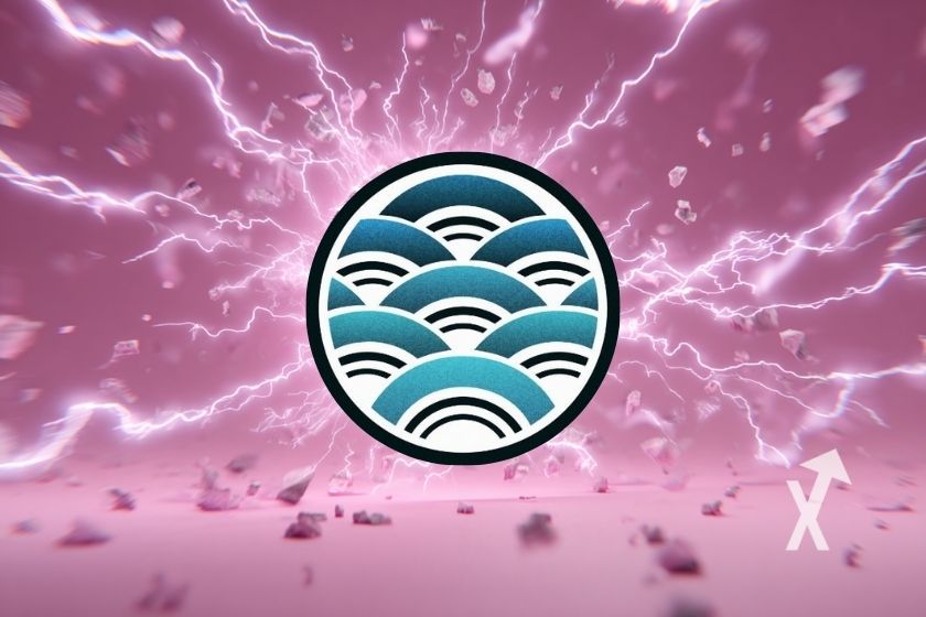 Logotipo con electricidad sobre fondo rosa.