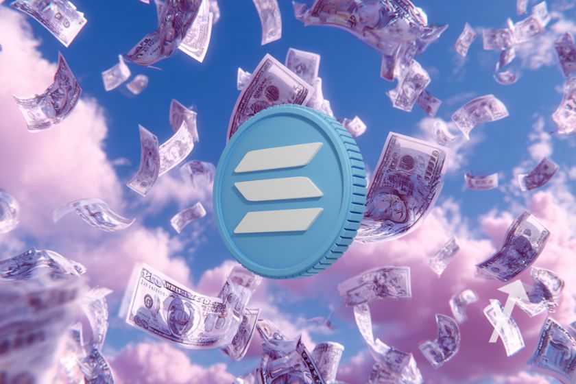 Moneda Solana y billetes en vuelo.