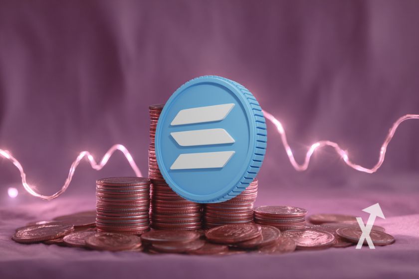 Moneda Solana con línea de tendencia.