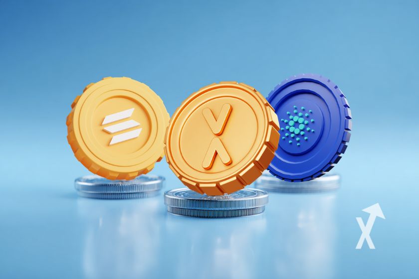 Monedas Solana, XRP y Cardano en azul claro.