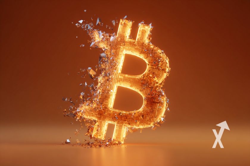 Logo de Bitcoin ardiendo en naranja.