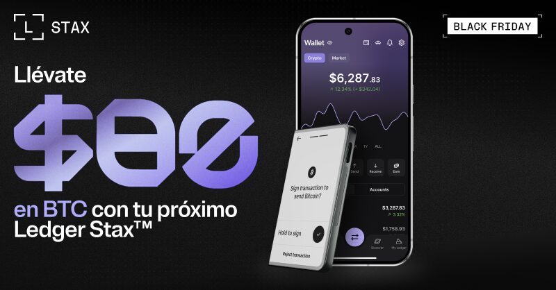 Un smartphone con un ledger stax sobre fondo negro para una oferta del Black Friday