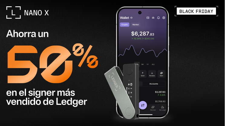 Un smartphone con un ledger Nano X sobre fondo negro para una oferta del Black Friday