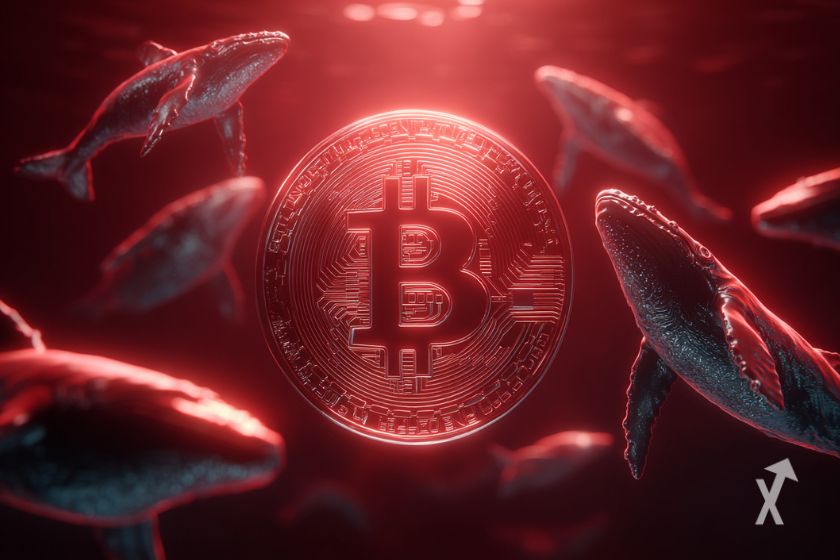 Ballenas cerca de Bitcoin en agua roja.