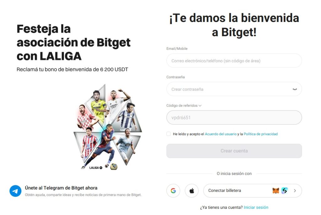 La página de inicio del sitio web de Bitget para registrarse en la plataforma