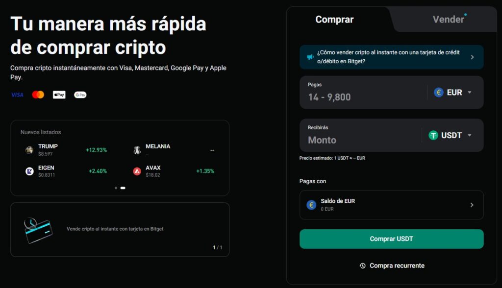 La página del sitio web de Bitget que permite comprar criptomonedas y elegir el método de pago