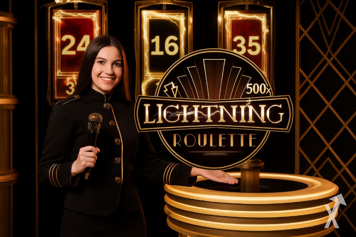 Cubierta del juego Lightning Roulette con un rouleta y una mujer