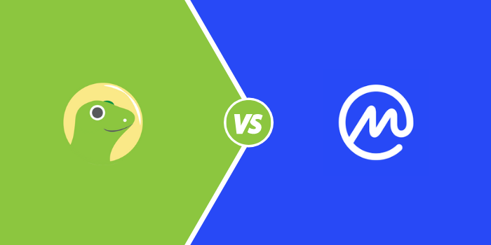 Logo coingecko en verde y amarillo a la izquierda y a la derecha el logo de coinmarketcap azul y blanco, vs en el centro.