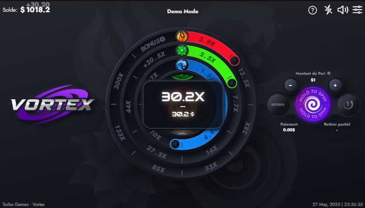 Captura de pantalla de vortex turbo games cashout de las ganancias